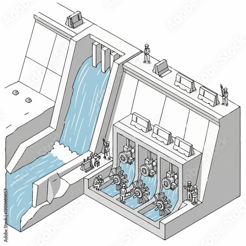 Hydroelectric dam inner workings illustration.