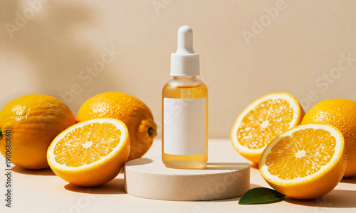 fresh citrus fruits surrounding product podium vibrant natural sunlight vitamin skincare  Generative AI