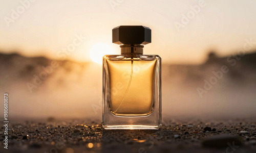 perfume bottle glowing in soft mist warm sunset light emotional atmospheric luxury campaign  Generative AI