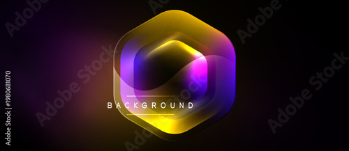 Hexagon glows, vibrant colors blend. Dark background emphasizes luminosity, creating modern abstract visual. Text reads background.