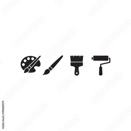 Set of five black art and painting tool icons — paint palette, fine brush, flat brush, wide brush, and paint roller flat vector silhouette collection for creative and design use