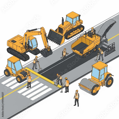Road construction workers with heavy machinery.