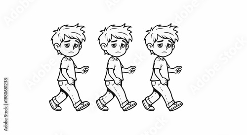 Three cartoon boys with sad expressions walk side by side