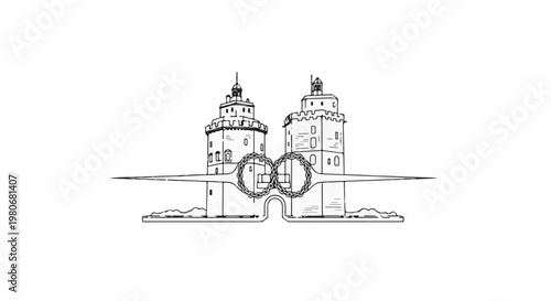 Symmetrical towers connected by archway and chains, flanked by sharp, extended wings