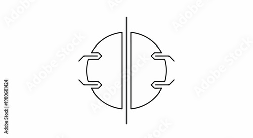 Symmetrical outline of a circular object divided by a vertical line, with four hook-like extensions