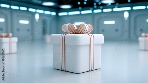 Futuristic 3D render of a single white gift box with a copper ribbon resting in a sterile, minimalist spaceship interior, a concept for high-tech corporate gifting.
