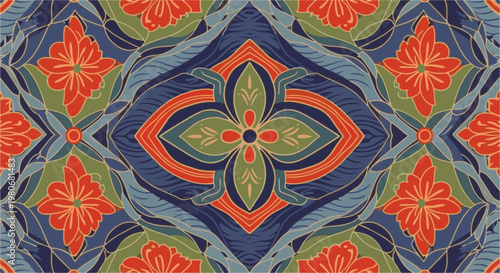 Symmetrical floral and organic pattern in blue, green, and coral hues