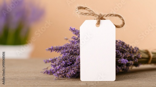 Natural product photography showing a blank gift tag on a calming lavender bundle over a wooden table, a versatile mockup for eco-friendly branding and wellness products.