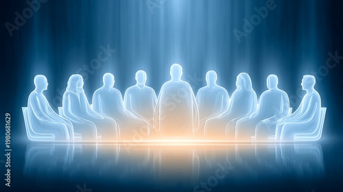 Ethereal digital illustration of a council of luminous souls gathering in a transcendent blue dimension, listening to a central guide. Metaphysical concept of collective consciousness.