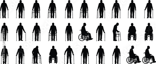 Large Collection of Elderly and Disabled People Silhouettes Featuring Individuals Using Wheelchairs, Walkers, and Walking Canes for Mobility Support.