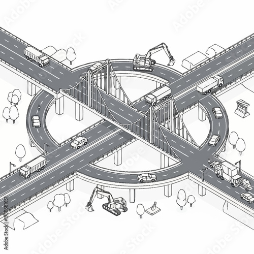 An illustration of a highway interchange with road construction.
