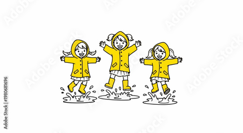 Three children in yellow raincoats gleefully jump in puddles