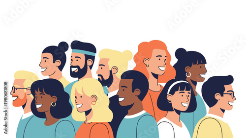 Diverse group of people profiles showing men and women with different skin tones, hair styles, and colors in a crowded scene.