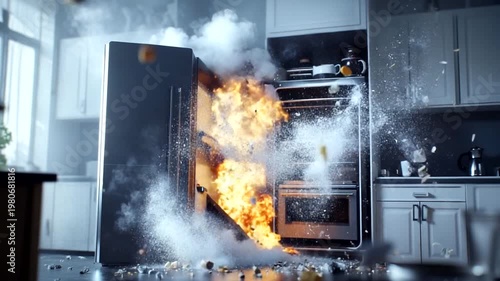 Explosive Kitchen Scene with Refrigerator and Oven Erupting in Flames Amidst a Modern Home