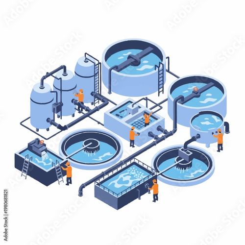 Workers operating industrial water treatment facility.