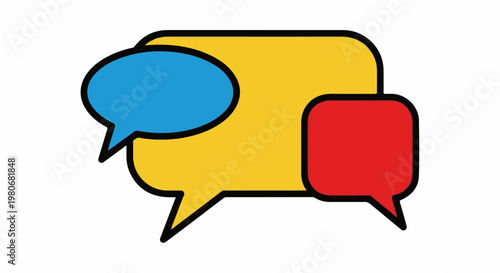 Three colorful speech bubbles, one blue, one red, one yellow, indicating conversation