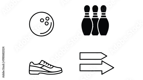 Bowling Icons: A sleek, minimalistic arrangement of bowling-related icons, including a bowling ball, bowling pin, shoe and arrows, perfect for designs and concepts.
