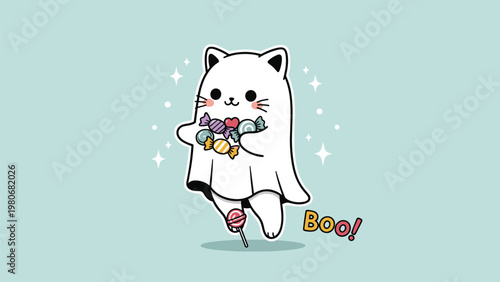 Adorable white cat character dressed in a ghost costume for Halloween holding a pile of candy next to the text that says boo.