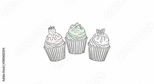 Three decorative, hand-drawn styled cupcakes with toppings