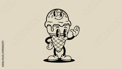 Vintage style cartoon of a happy ice cream cone character with faces on both the scoop and the cone waving its gloved hand.
