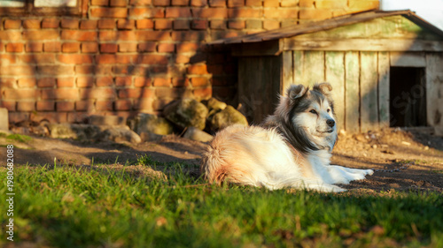 Fotografie Fluffy dog resting near its wooden kennel in the warm sunlight
