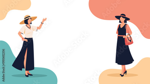 Fashion illustration of two elegant women in summer outfits with hats posed against abstract colorful shapes and backgrounds.