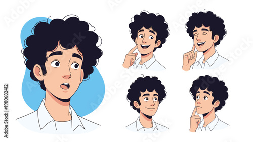 Character expression sheet of a young man with curly black hair showing various emotions like surprise, thinking, and smiling.