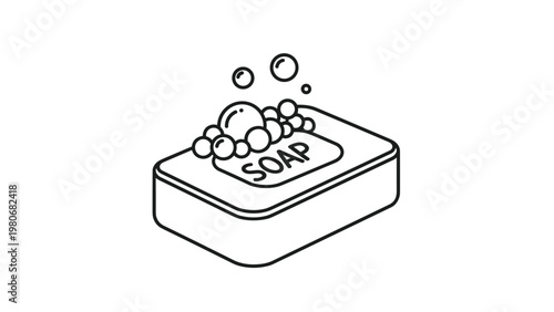 Outline icon of a rectangular bar of soap with the text soap on it and many bubbles rising from the top for cleanliness.