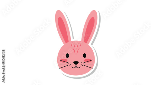 Adorable pink rabbit head sticker with long ears and rosy cheeks presented on a white background with a clean cut border.
