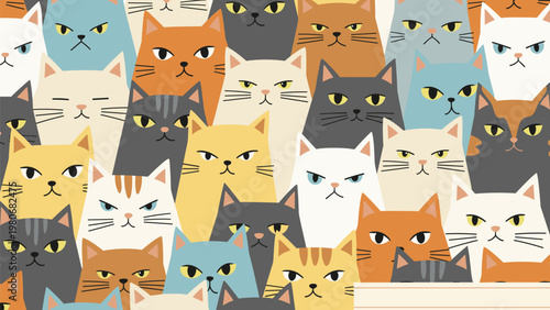 Colorful seamless pattern of diverse cat faces showing various grumpy and serious expressions in a flat illustration style.