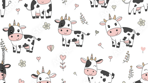 Adorable seamless pattern of white and black spotted unicorn cows with pink horns, hearts, and small pink flowers on white backdrop.