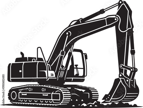 Minimalist Black Excavator Vector Icon – Heavy Construction Machinery Silhouette Design