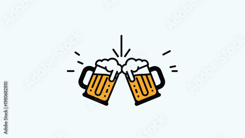 Minimalist illustration of two beer mugs filled with golden ale and white foam clinking together in a celebratory toast.