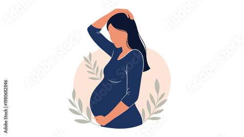 Elegant profile silhouette of a pregnant woman in a navy dress holding her belly with soft leaf details in the background.