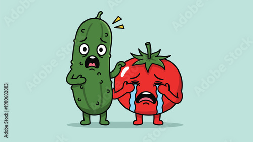 Funny cartoon illustration of a crying red tomato being comforted by a concerned green cucumber character on a blue background.