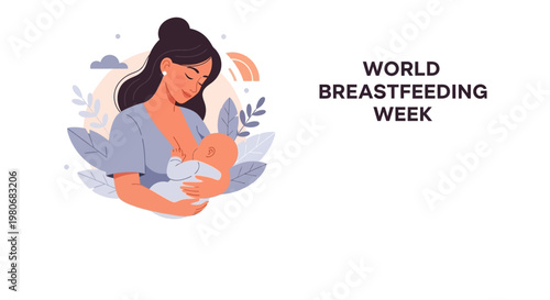 Illustration of a mother breastfeeding her newborn baby for World Breastfeeding Week.