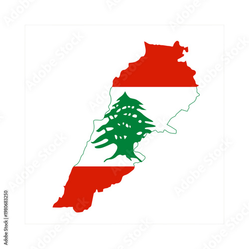 Lebanon map shaped graphic featuring the national flag design showcases a cedar tree symbol within a white band surrounded by red stripes to represent the Middle Eastern nation in a clean style suitab