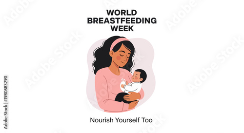 A mother gently breastfeeding her newborn baby in a flat illustration for World Breastfeeding Week.