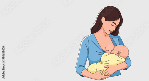 A loving mother breastfeeding her newborn baby in a flat illustration style.