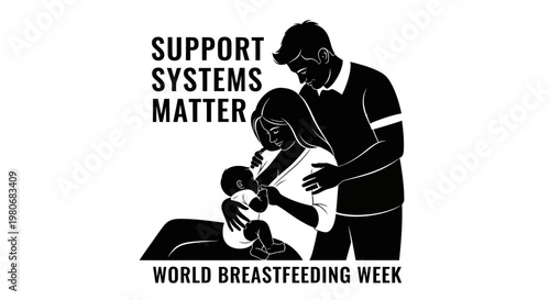 Black and white illustration of a supportive family during breastfeeding.