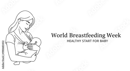 Line art illustration of a mother breastfeeding her baby for World Breastfeeding Week.