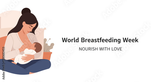 Illustration of a young mother breastfeeding her newborn baby.