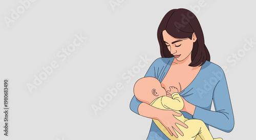 A tender illustration of a mother breastfeeding her newborn baby.