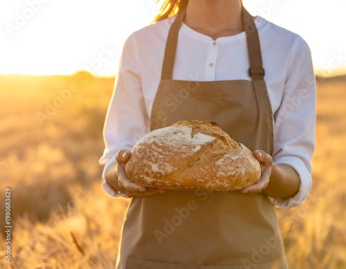 A person, likely a baker, presents a freshly baked round loaf of artisan bread outdoors, bathed in warm sunlight