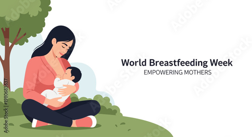 A mother gently breastfeeding her newborn baby in a peaceful outdoor setting.