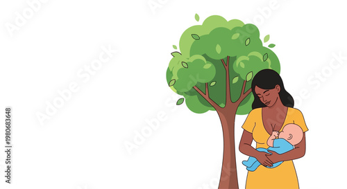 Black mother breastfeeding her newborn baby under a tree.