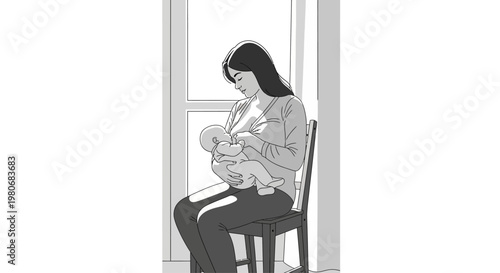 A mother breastfeeding her newborn baby while sitting on a chair.