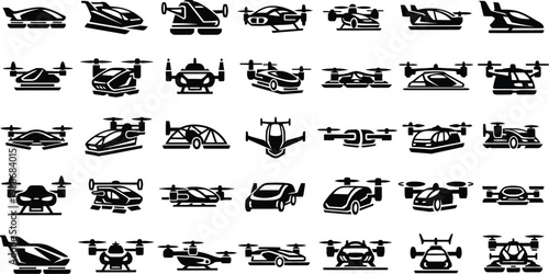 Futuristic flying car silhouette icon set vector illustration