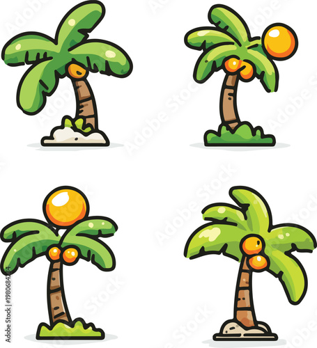 Tropical vector tree set illustration with palm trees, beach island nature summer design, coconut leaves, ocean sand cartoon art style