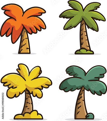 Tropical beach paradise with palm trees, ocean, sand and sunset in summer vacation landscape illustration